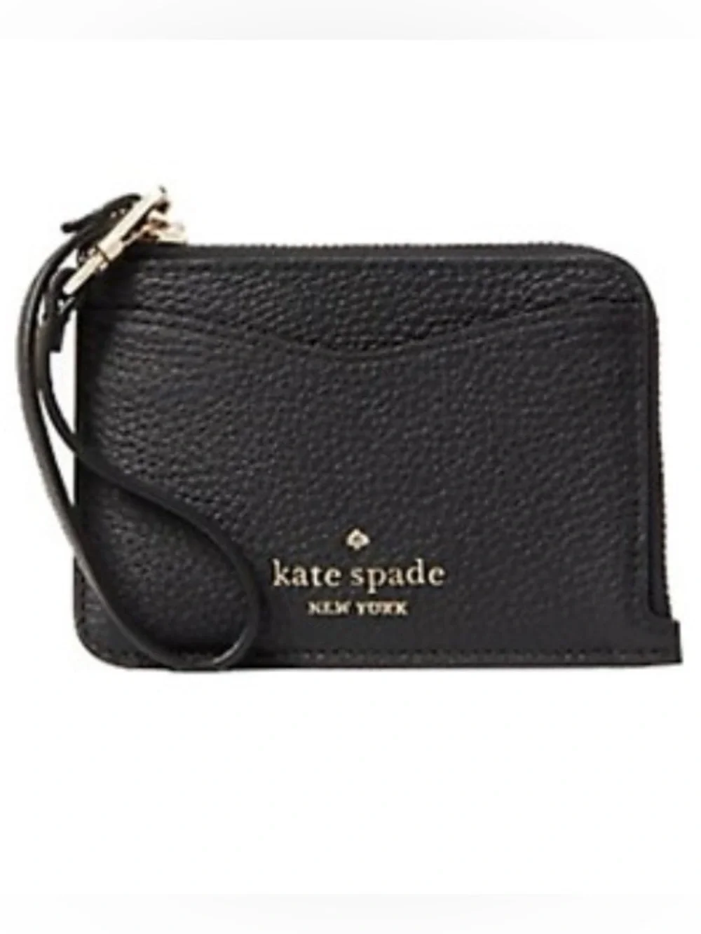 kate spade Black Pebbled Leather Zip Wristlet with Gold Logo